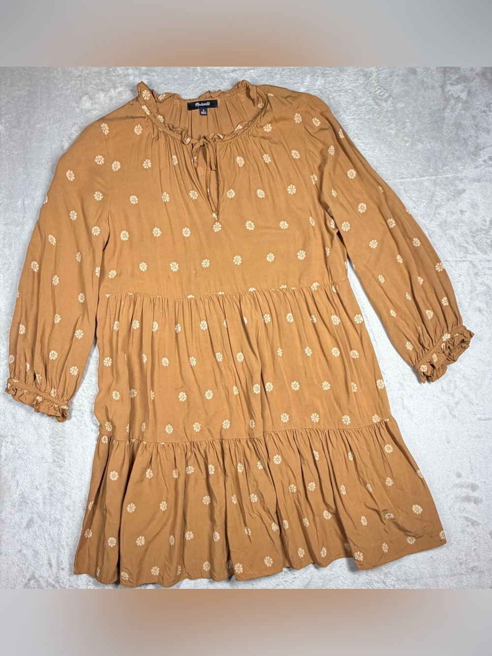 Madewell Bloom Dot Warm Hickory Cream Tan Tiered Ruffle Tie Neck Mini Dress M - Picture 3 of 17